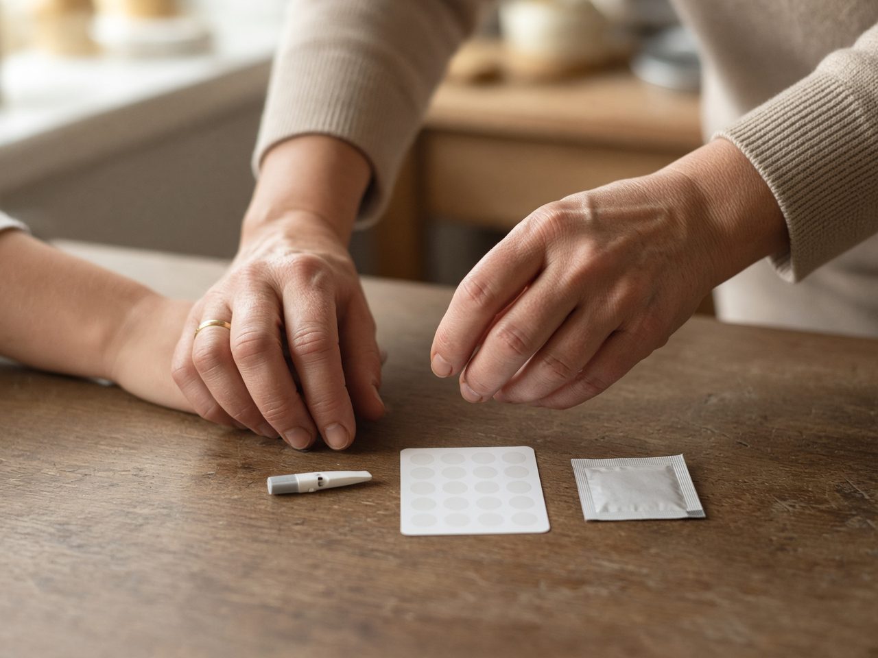 A guided blood collection kit laid out on a kitchen table