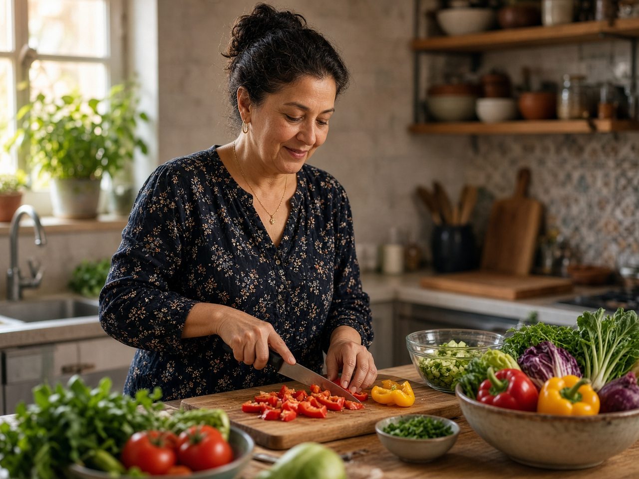 A woman in her fifties cooking with fresh vegetables
