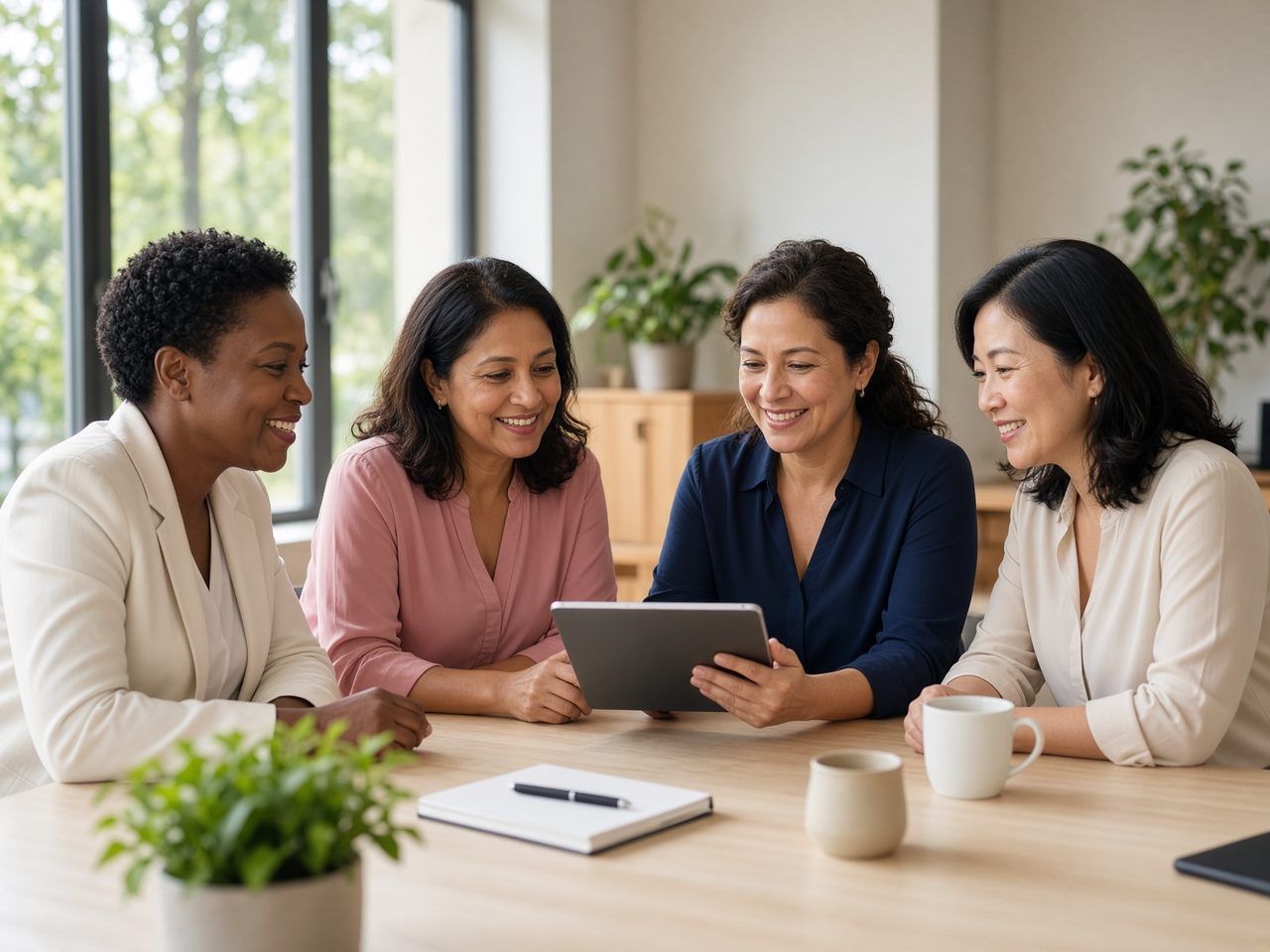 Four colleagues talking around a meeting table