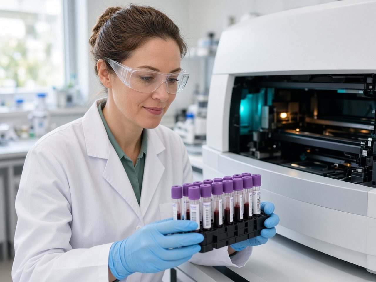 A laboratory scientist loading blood samples into an analyser