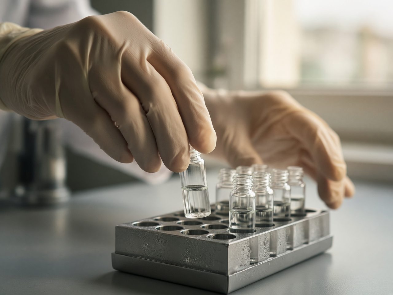 A laboratory scientist placing a sample into a chilled rack