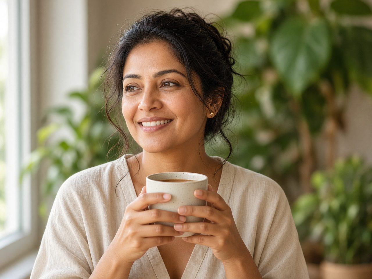 A woman in her early forties in the morning
