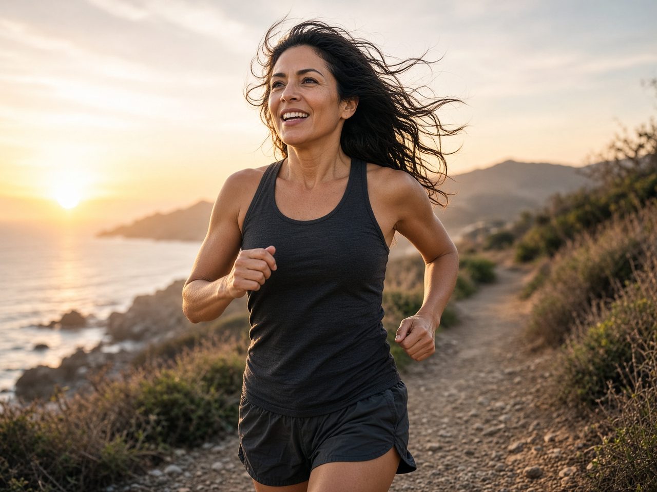 A woman in her forties running at sunrise